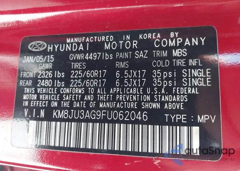 2015 Hyundai Tucson Se from USA, damaged, VIN KM8JU3AG9FU062046